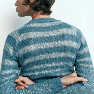 Stripped cropped knit sweater in small, blue and cream stripes. New with tags.